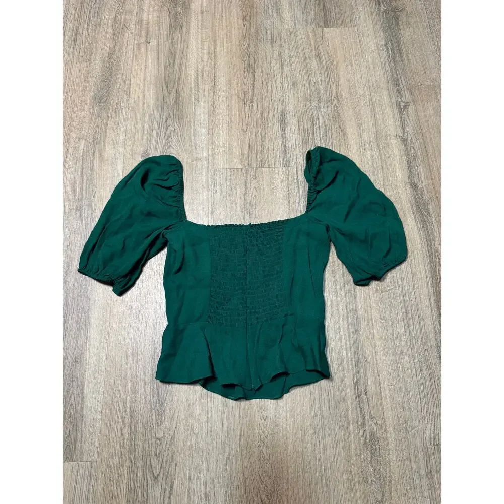 Reformation Women's Deep Green Square Neck Puff Sleeve Top